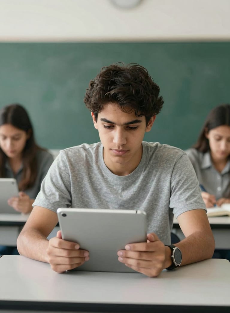 A professional South American student focused on a digital tablet in a clean, modern learning environment, light gray and forest green color palette.
