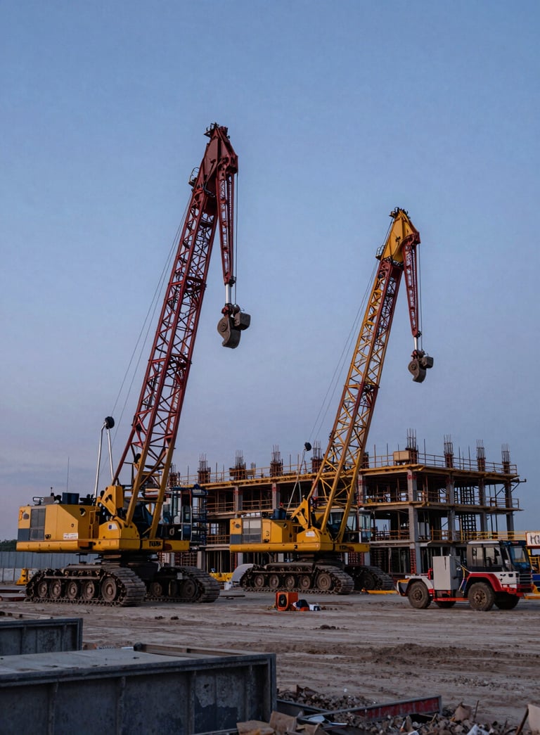 Wide-angle photography of a large-scale industrial construction site in Canada at dawn, featuring heavy machinery and structured steel framing under a muted blue sky, conveying efficiency and precision.