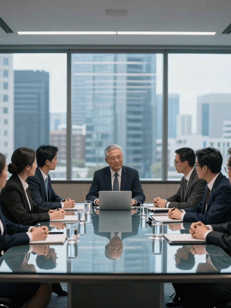 A sophisticated executive meeting room in an International Business hub with a glass table reflecting a faint blue light. Wide composition with professional atmosphere and dark navy and bright blue accents.