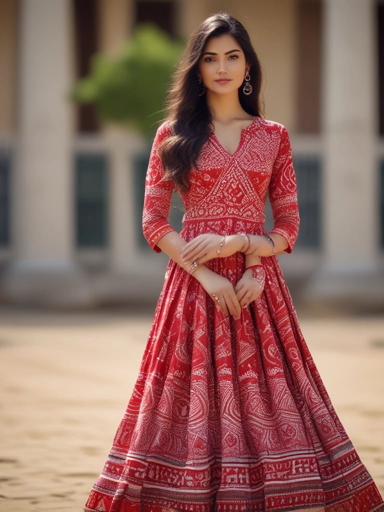 Elegant black Bandhej saree with delicate white dots and red border, draped gracefully.