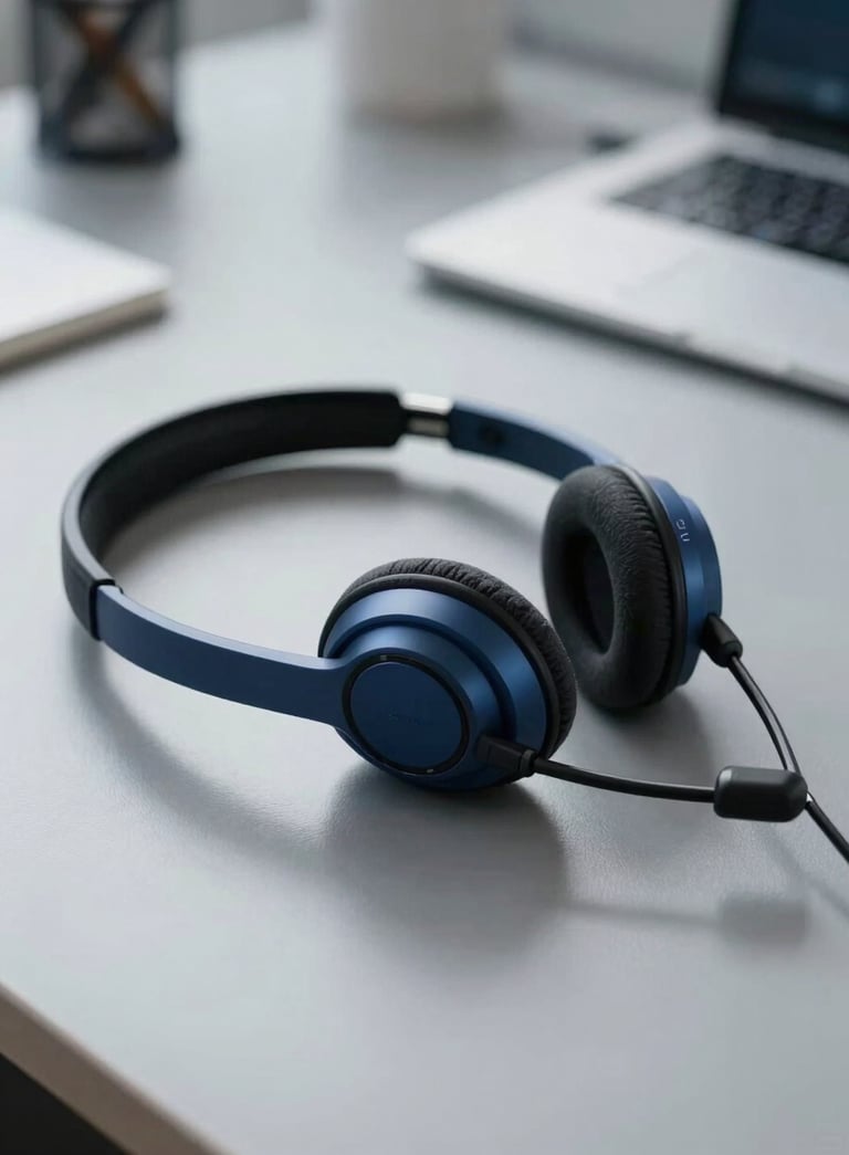 Professional close-up of a high-tech communication headset on a clean desk, soft navy blue and slate grey tones, South American / Brazilian office setting, cinematic lighting.