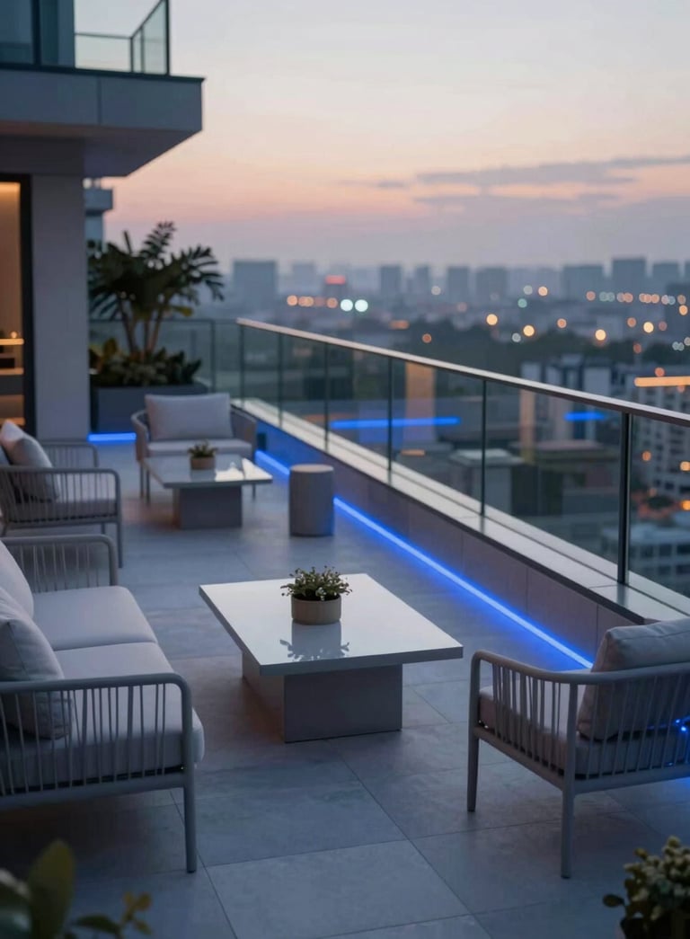 A high-angle architectural photograph of a luxury penthouse terrace at dusk. The scene features minimalist outdoor furniture in #CED4DA tones, with subtle blue ambient lighting reflecting off glass railings. Professional, elegant, and modern aesthetic.