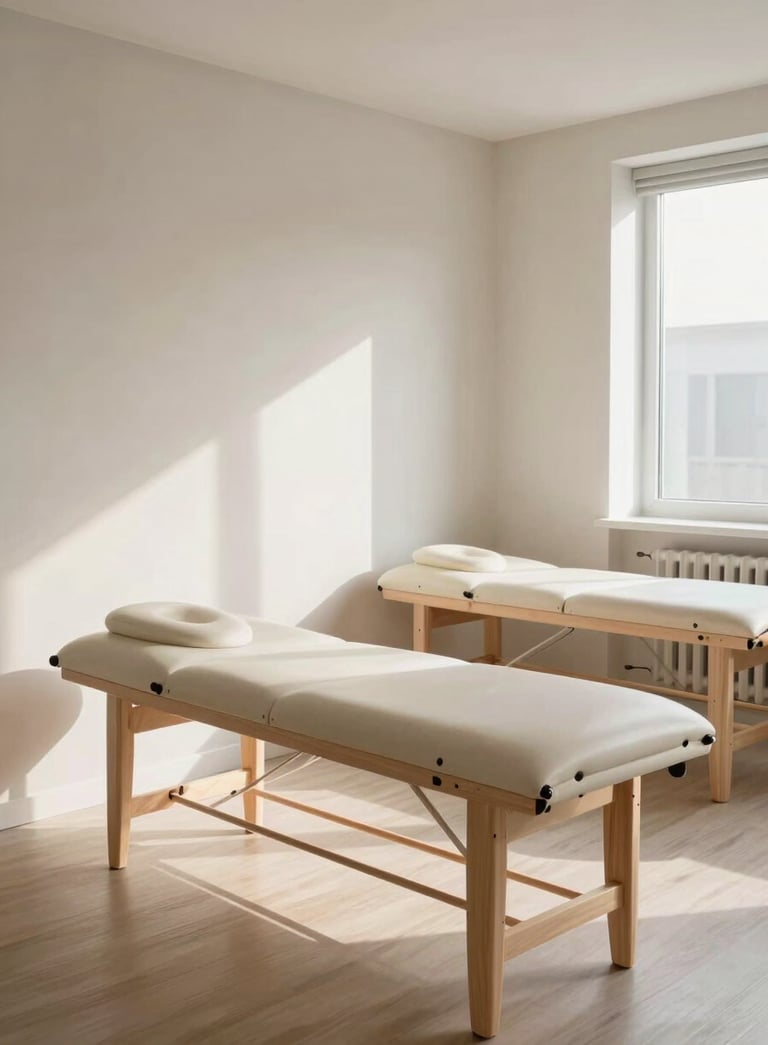 An interior shot of a contemporary physiotherapy clinic in France, featuring minimalist design, professional treatment tables, light wood accents, and soft, natural morning light.
