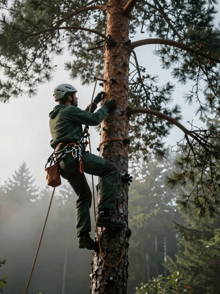 A professional arborist in dark green protective gear using climbing ropes to scale a tall pine tree in a Central European / Polish park, cinematic lighting with morning mist, emphasizing precision and safety.