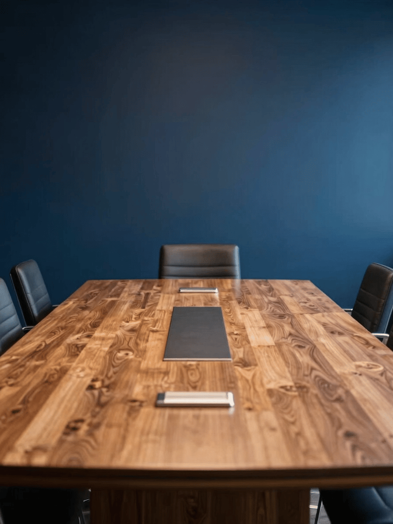 A high-end professional boardroom in London with dark blue walls, a large oak table, and soft warm lighting, reflecting a trustworthy and forward-thinking financial firm.