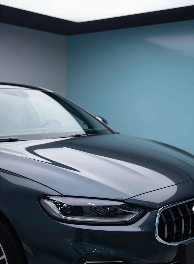 A sleek, dark high-performance vehicle parked in a professional detailing studio. The hood reflects the overhead soft-box lighting with mirror-like clarity. The environment is clean and modern, incorporating brand colors #001220 and #6D97AD in the studio accents. Meticulous craftsmanship atmosphere.