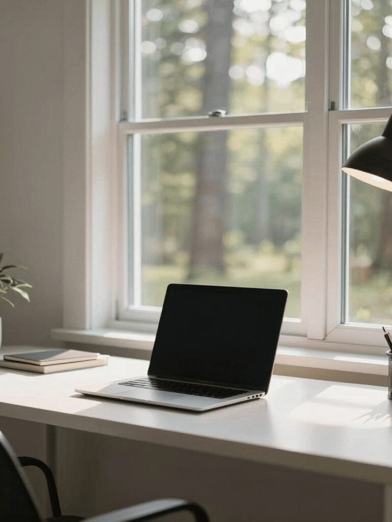 A bright, modern home office in North America with a clean desk, a laptop, and a view of Michigan woods through a window, soft morning sunlight, professional photography.