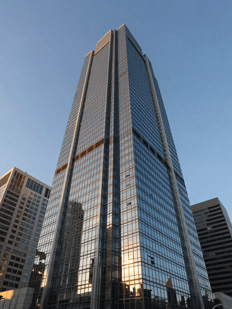 A wide-angle professional photograph of a modern glass skyscraper in a South American financial center. Clear blue sky, golden hour sunlight reflecting off the facade, symbolizing corporate authority and solid growth.