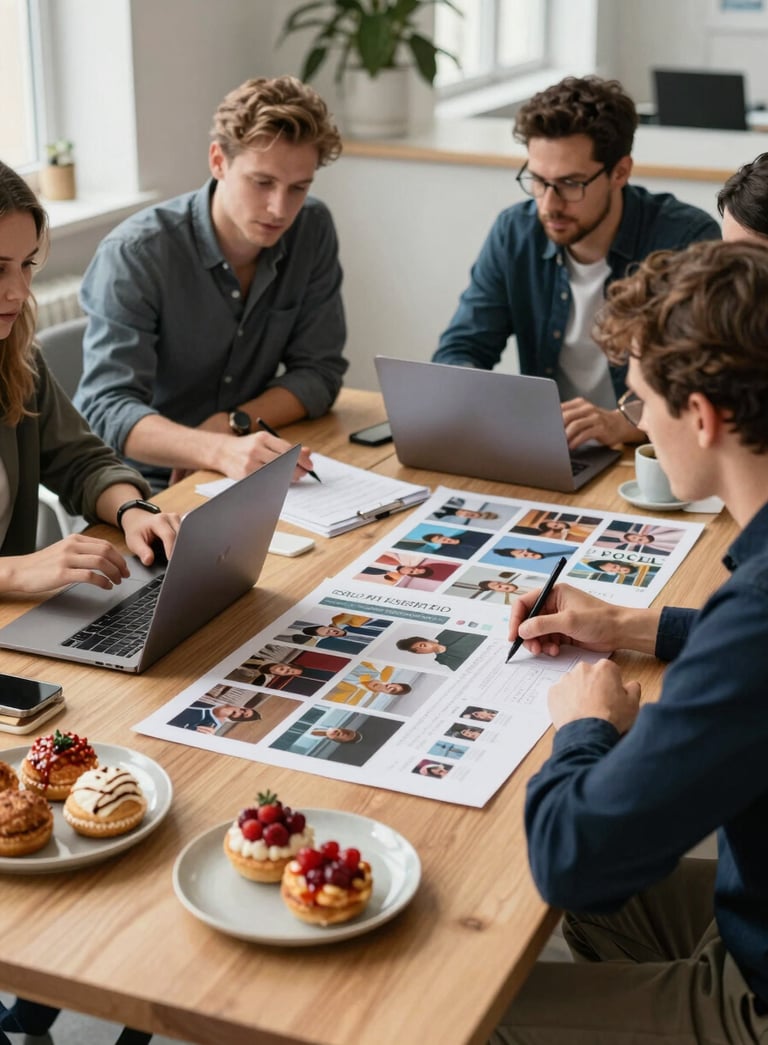 A professional digital marketing team in a bright, modern Scandinavian office planning a social media grid. On a light oak table, there are Ripe Crimson mood boards, a laptop, and small plates of artisanal pastries. Sophisticated, warm, and collaborative atmosphere in a Northern European setting.