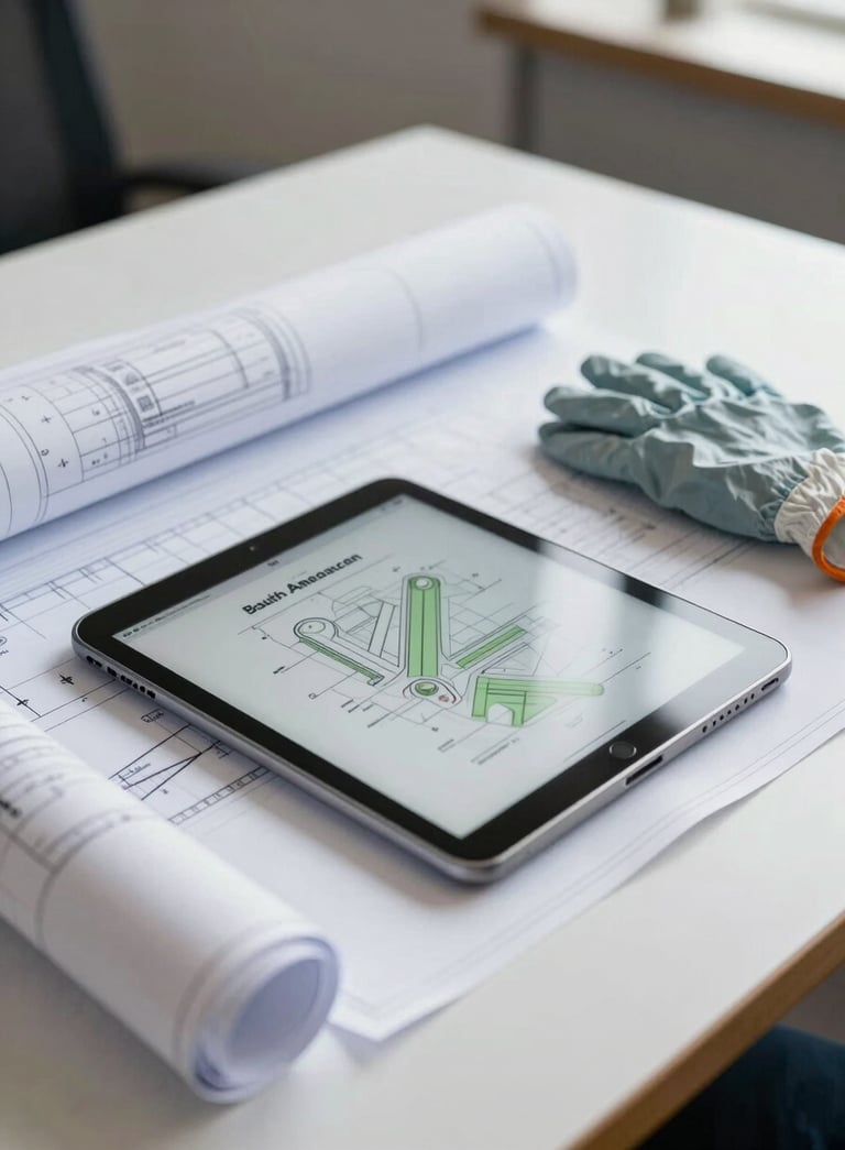 Professional engineering blueprints and a digital tablet on a clean desk, with a pair of protective gloves nearby, soft natural light, South American / Brazilian office setting, technical efficiency.