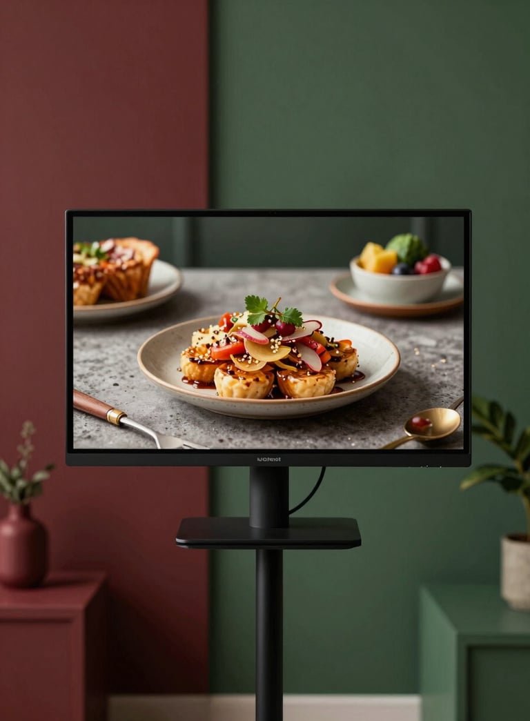 A professional in a modern North American / Western studio setting reviewing food photography on a large monitor, surrounded by sophisticated decor in deep ripe crimson and matte forest green accents.