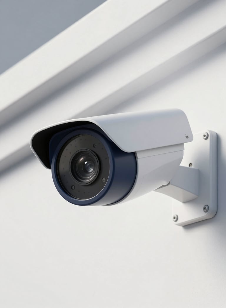 A close-up shot of a modern, sleek security camera mounted on a clean white industrial wall. The lighting is bright and professional, incorporating accents of dark slate navy and mist white to reflect a sophisticated security environment.