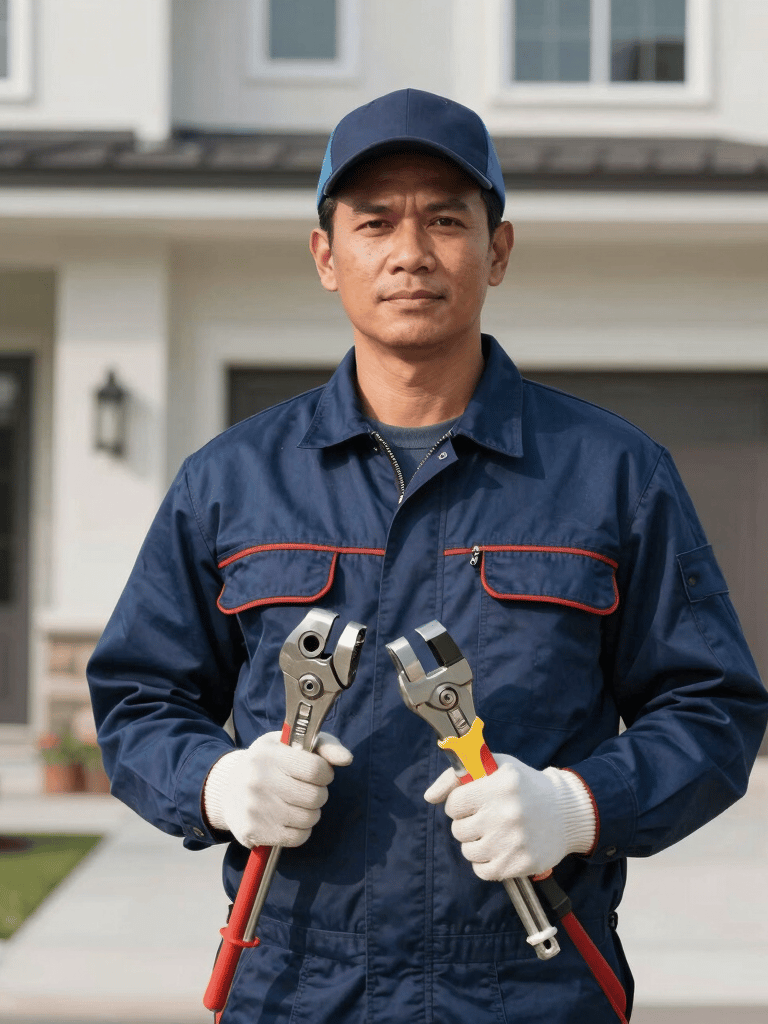 A professional Southeast Asian / Filipino plumber in a clean navy blue uniform holding professional tools, standing confidently in front of a modern residential house, bright daylight, high-quality photography.