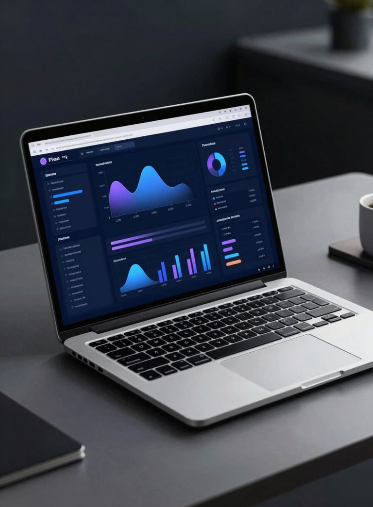 A cinematic close-up of a premium silver laptop on a minimalist desk. The screen displays a clean, professional marketing dashboard with dark steel blue and soft lavender blue data visualizations. The environment is a modern, dimly lit office with deep midnight navy shadows.