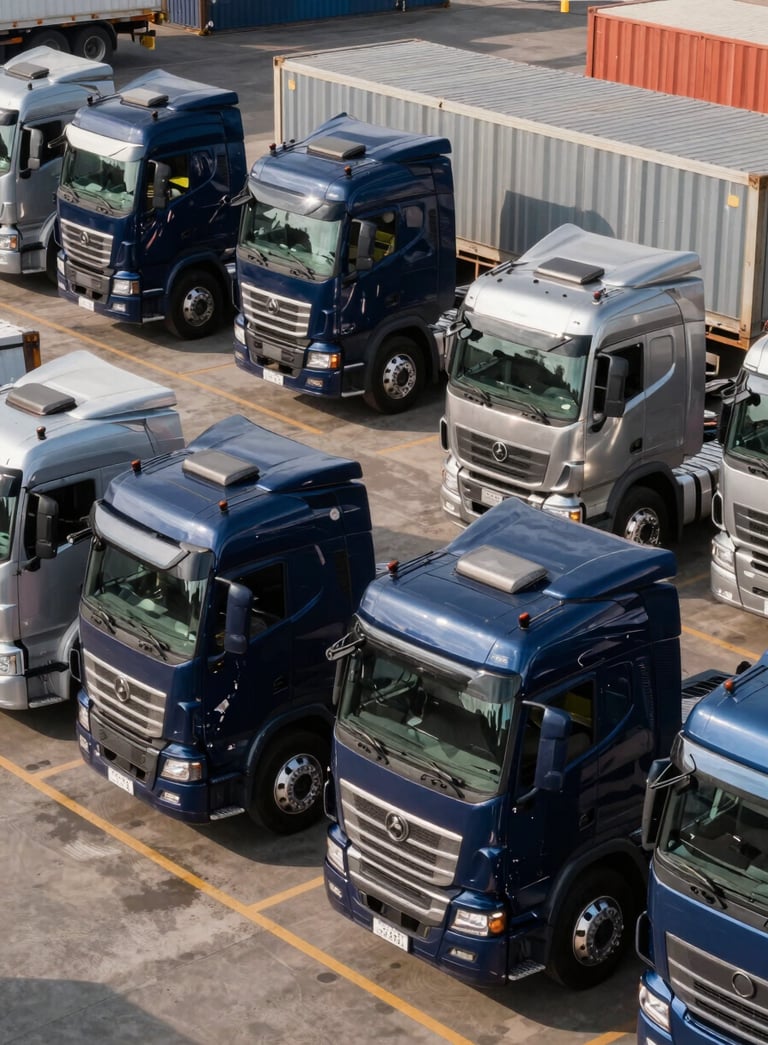 A high-angle, professional photograph of a modern fleet of heavy-duty trucks parked in a clean logistics yard in Brazil. The lighting is bright morning sun, emphasizing the authority and scale of the transport business. The color palette features deep navy blue and metallic silver tones.