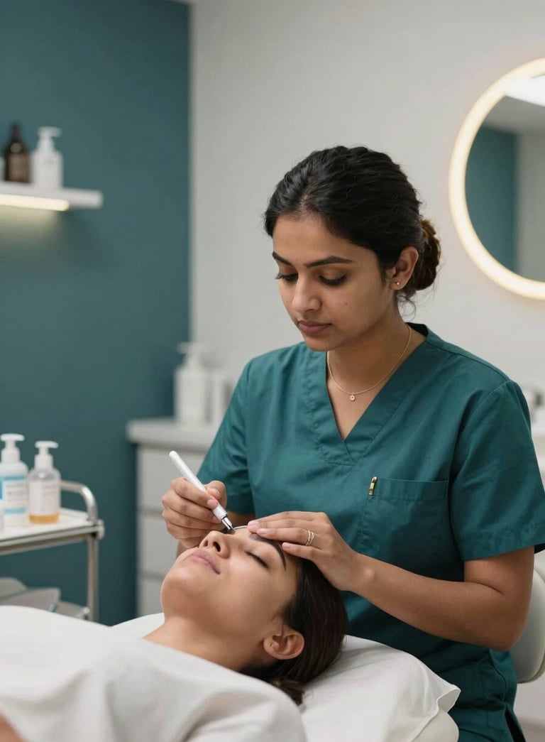 A medium shot of a professional aesthetician in a modern clinic applying a facial treatment to a client in a South Asian / Indian setting. The clinic features dark teal accents and a clean, sophisticated medical aesthetic with soft, flattering lighting.