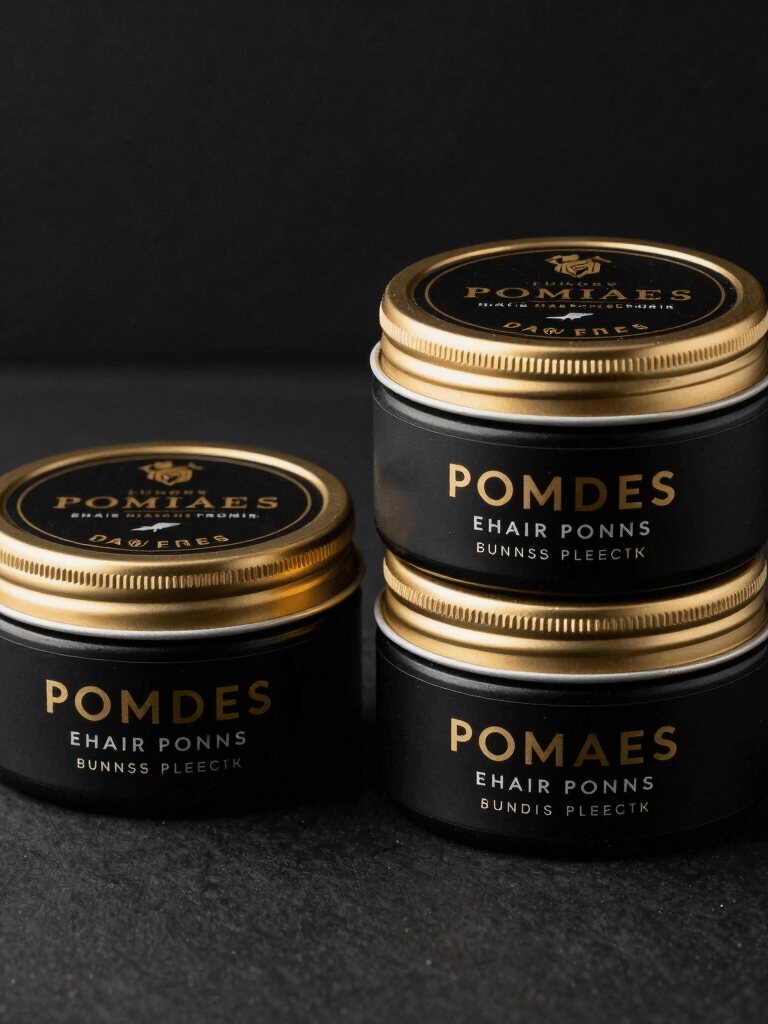 Close-up of a sleek black and gold pomade jar with a glossy finish on a dark wooden surface