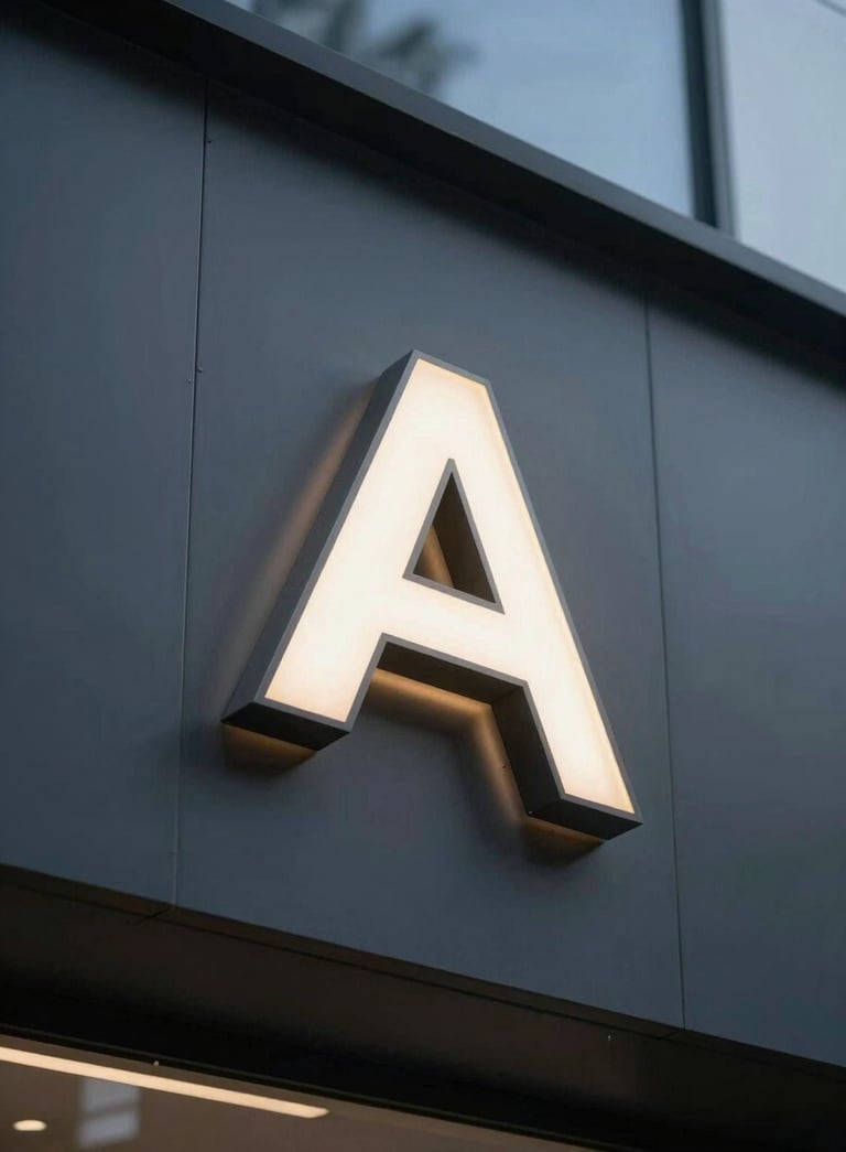 A sharp, professional photograph of a modern building facade featuring a high-end back-lit commercial sign in deep charcoal and soft off-white light.