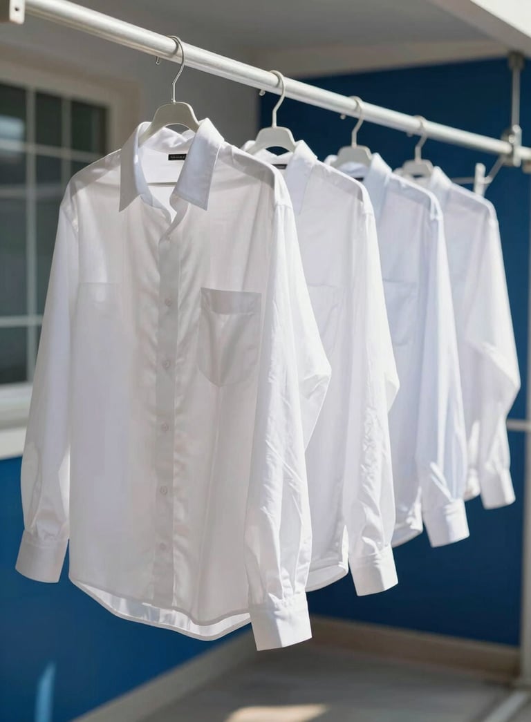 Clean, crisp white linens and shirts hanging in a sun-drenched Brazilian laundry service area, conveying freshness and professional efficiency, Navy Blue accents in the background.