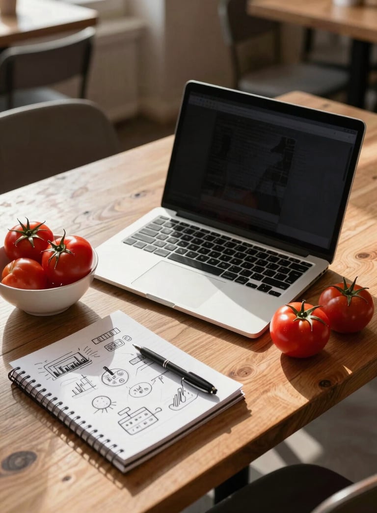 A high-angle professional photograph of a wooden table in a sunlit Scandinavian cafe in Western Europe. A laptop is open next to a fresh bowl of red tomatoes and a notebook with marketing strategy sketches. Warm morning light.