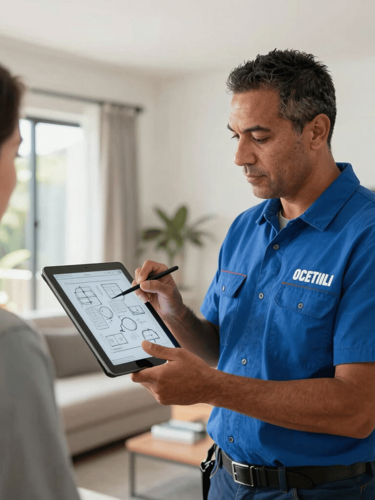 A professional Oceanian electrician using a tablet to explain technical diagrams to a customer inside a bright, modern residential living room in New Zealand.