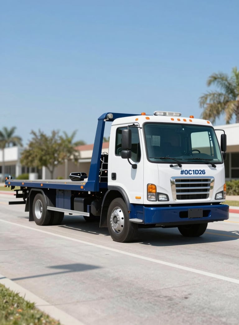 A modern flatbed tow truck parked on a clean street in Orlando with a clear blue sky. The truck is professional and well-maintained, incorporating the brand colors #0C1D2A and #375A77. The shot is bright and airy.