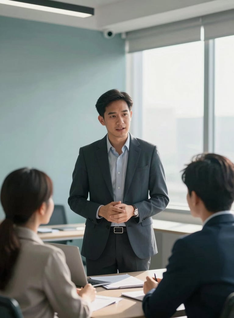 A professional insurance consultant in a modern Southeast Asian / Thai office, speaking with a young couple, soft morning light, White Mist and Muted Teal Blue office decor, sophisticated and clean.