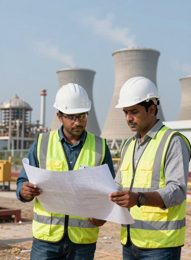 A focused shot of two professional engineers in hard hats and safety vests discussing a blueprint at a South Asian / Indian power station site. The lighting is bright and natural, reflecting a mood of professional collaboration and reliability with dusty sea blue accents.