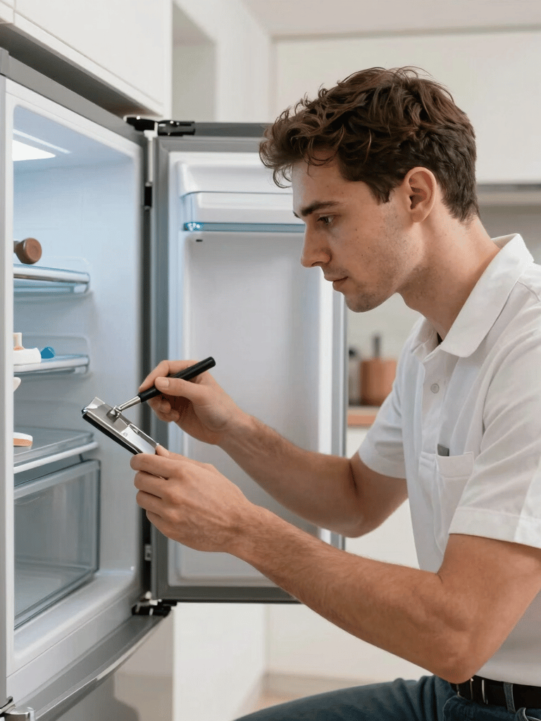 Photography of a professional appliance technician repairing a refrigerator in a high-end Istanbul Anatolian Side kitchen, clean uniform, focused expression, modern bright environment.