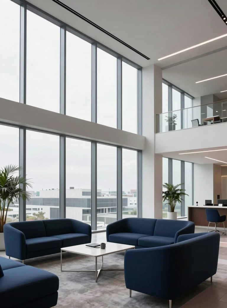 A wide-angle, professional photograph of a modern, high-tech corporate office lobby with floor-to-ceiling windows. The interior features deep navy blue furniture and minimalist crisp white walls.
