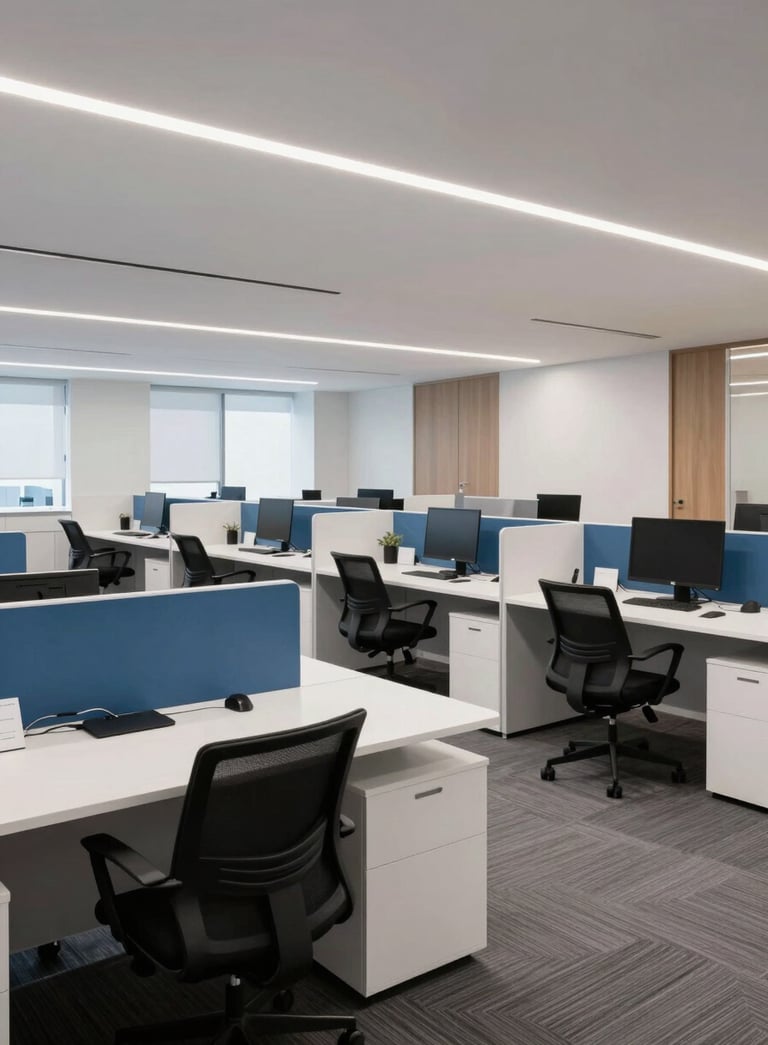A wide-angle interior shot of a modern, clean South American corporate communication center with sleek white desks and blue accents.