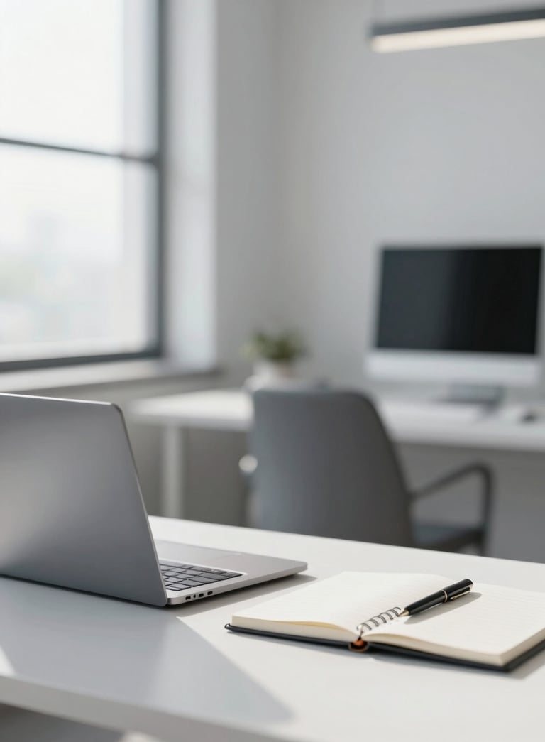 Modern professional office setting, a clean white desk with a laptop and a notebook, soft morning light, minimalist aesthetic with palette colors #A0AEC0 and #1A202C subtly integrated.