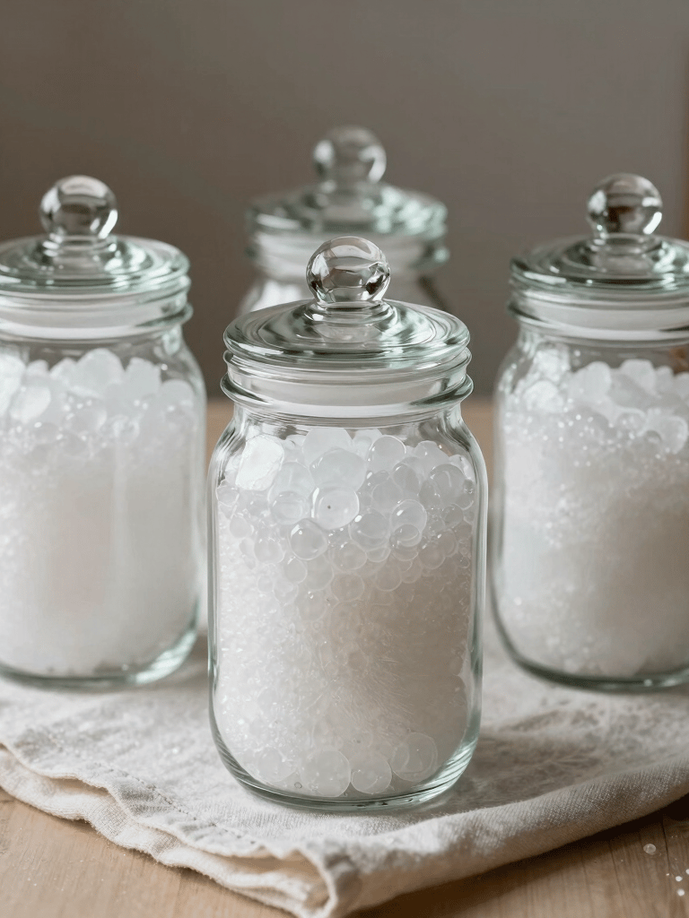 Still-life photography of elegant glass jars filled with white silica gel desiccant, placed on a crisp parchment colored cloth, soft natural light, Portuguese-speaking / European interior.