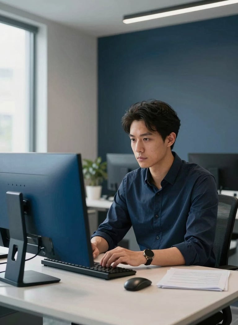 A professional developer in a modern North American / US office, focused on a screen, with accents of sea blue and dark navy in the minimalist decor, bright natural lighting.