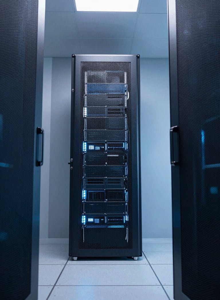 A minimalist, low-angle shot of a high-tech server room bathed in soft ice white and slate blue LED lighting, representing a secure digital fortress.