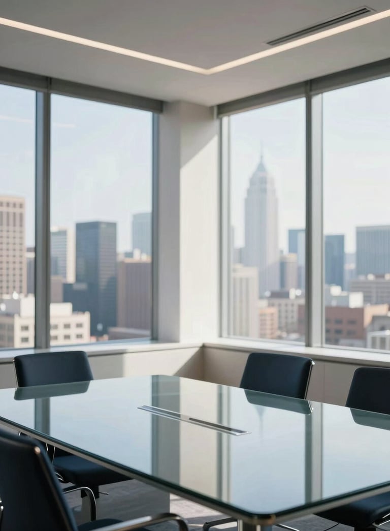 A high-end, professional North American office interior with clean lines and large windows. The scene features a glass table with a subtle reflection of the city skyline, using a palette of dark blue and off-white. The lighting is bright and natural, projecting a sense of sophisticated innovation.