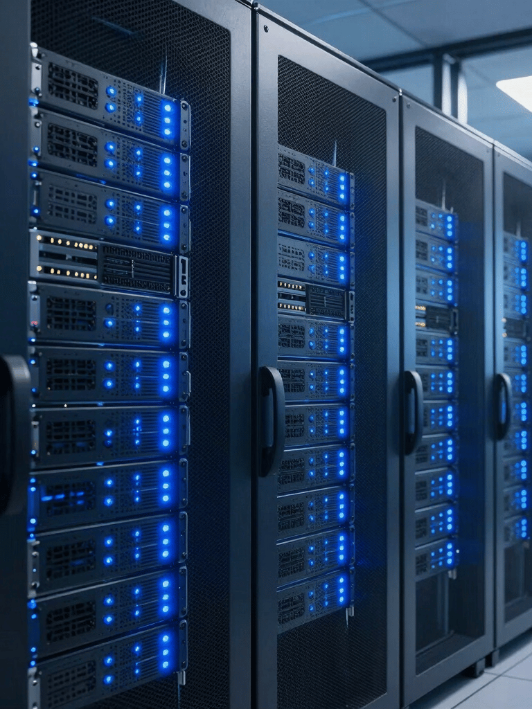 Sleek, futuristic server room with glowing blue status lights and clean steel blue architecture, reflecting a professional and advanced security infrastructure in an international data center.