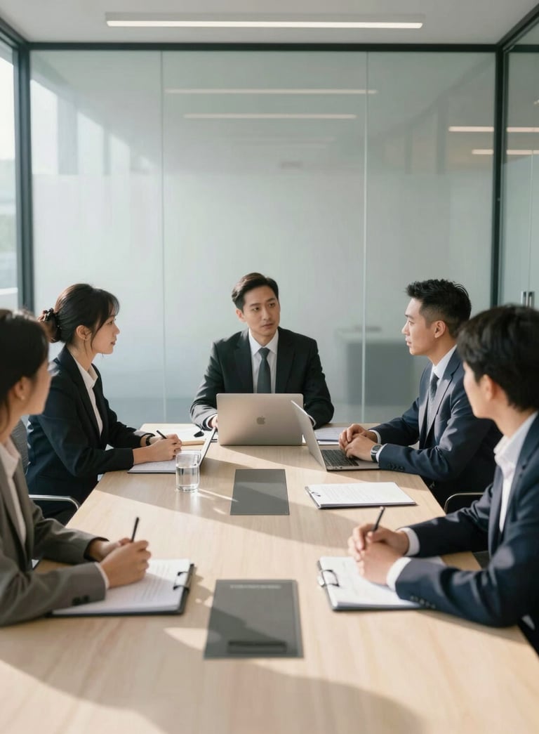 A professional business team having an efficient strategy meeting in a minimalist conference room with glass walls, soft morning sunlight, dressed in modern professional attire, North American setting, with a clean aesthetic.