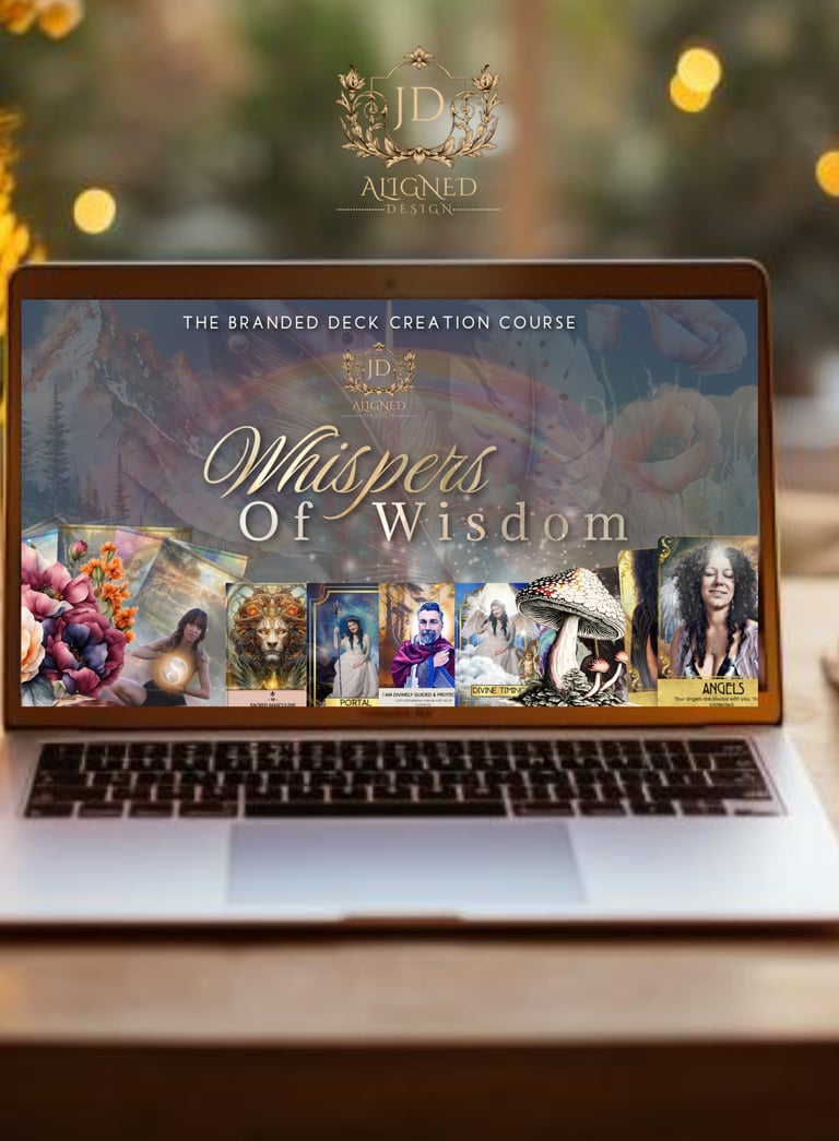 laptop screen with  Whispers of Wisdom, the Oracle Deck Creation Course on the screen
