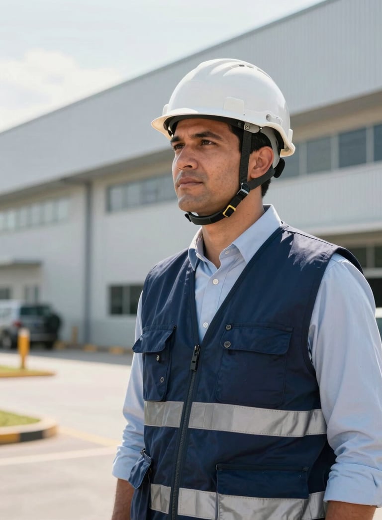 A professional South American / Brazilian safety consultant wearing a deep navy blue vest and a white helmet, standing in front of a modern factory building, bright natural lighting, expert composition.
