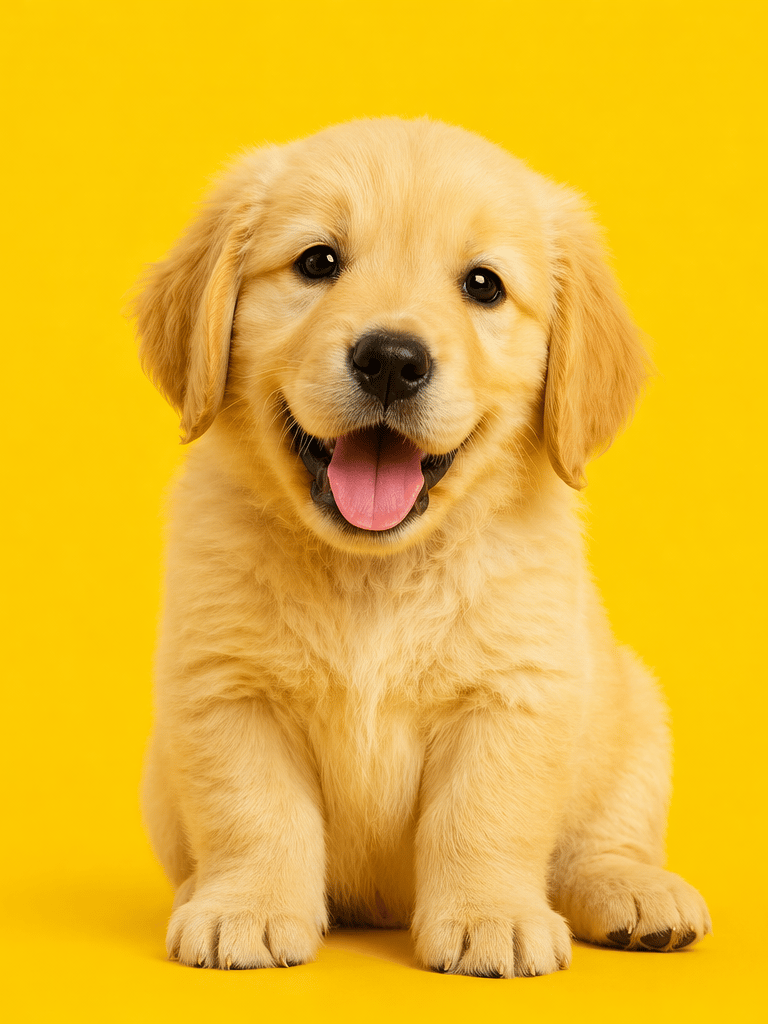 A cute Golden Retriever puppy sitting and smiling against a solid yellow background.