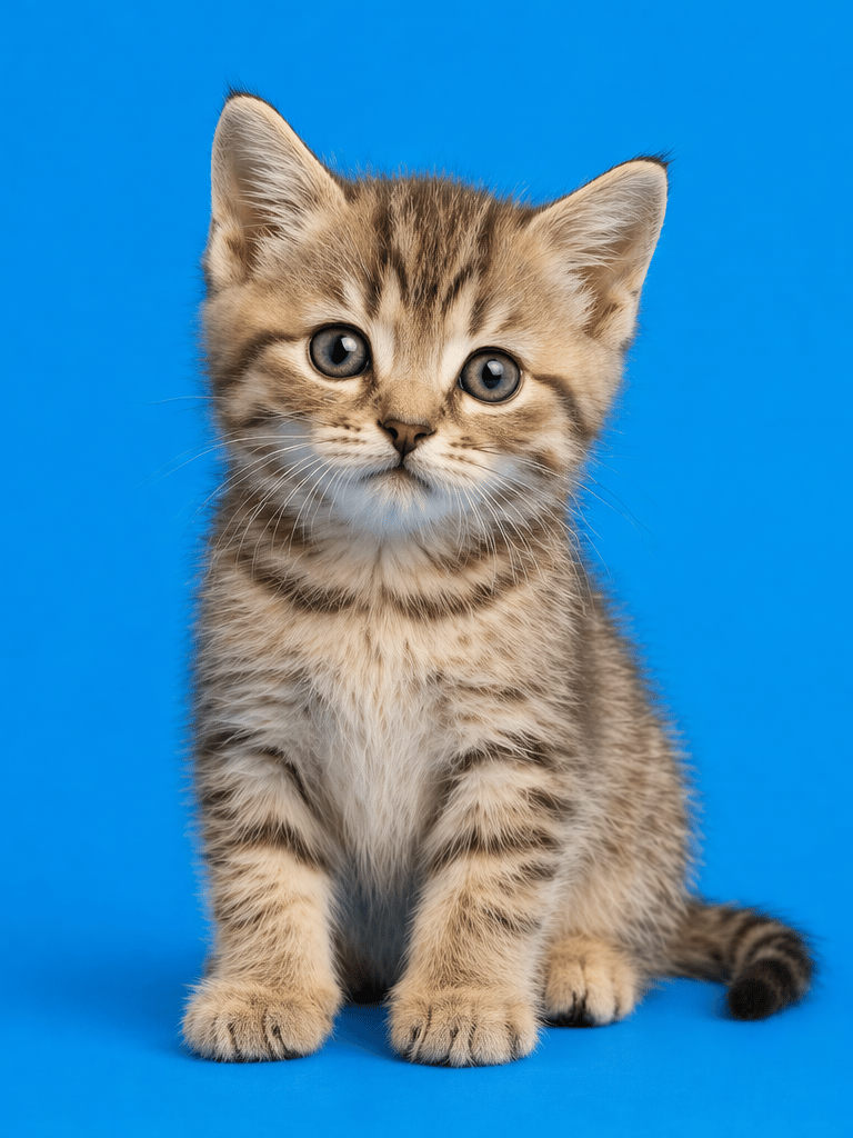 A cute brown tabby kitten with blue eyes sitting on a vibrant blue background.