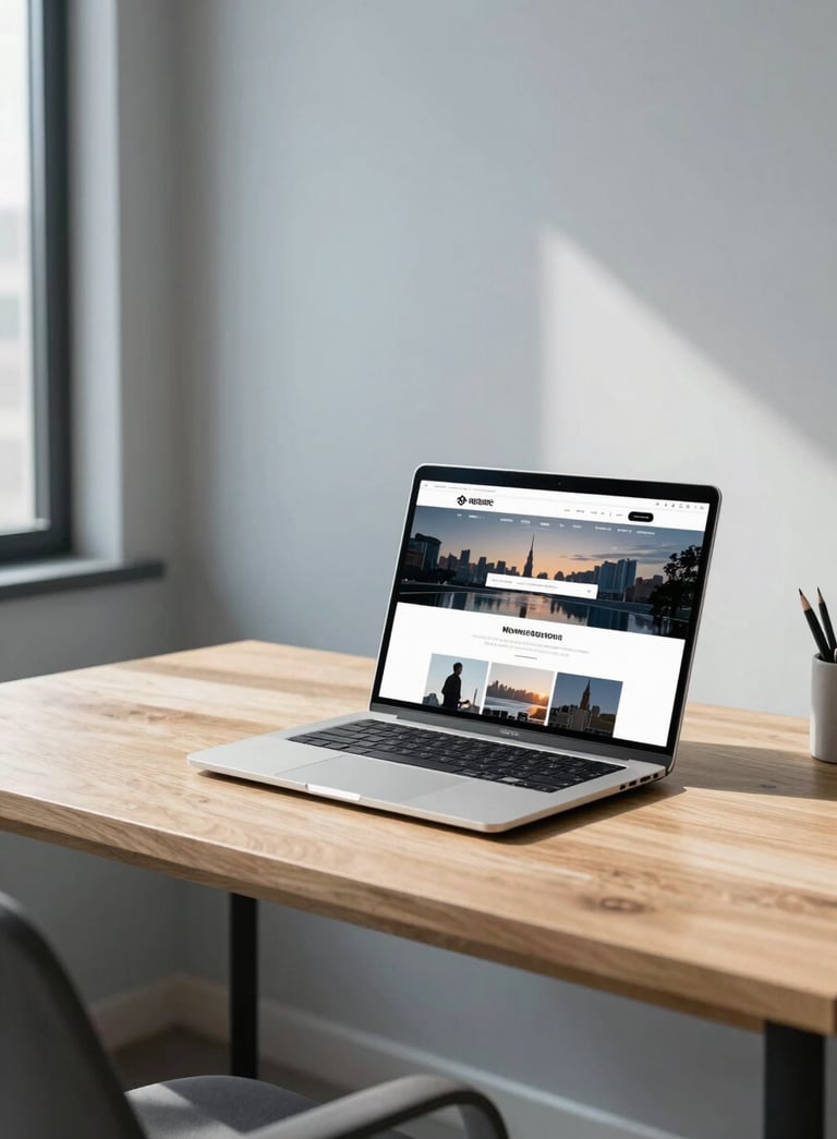 A clean, minimalist home office in a North American city. A high-end laptop on a light wood desk displays a sleek, glowing website interface. The room is filled with soft, natural morning light, featuring light blue-grey tones.