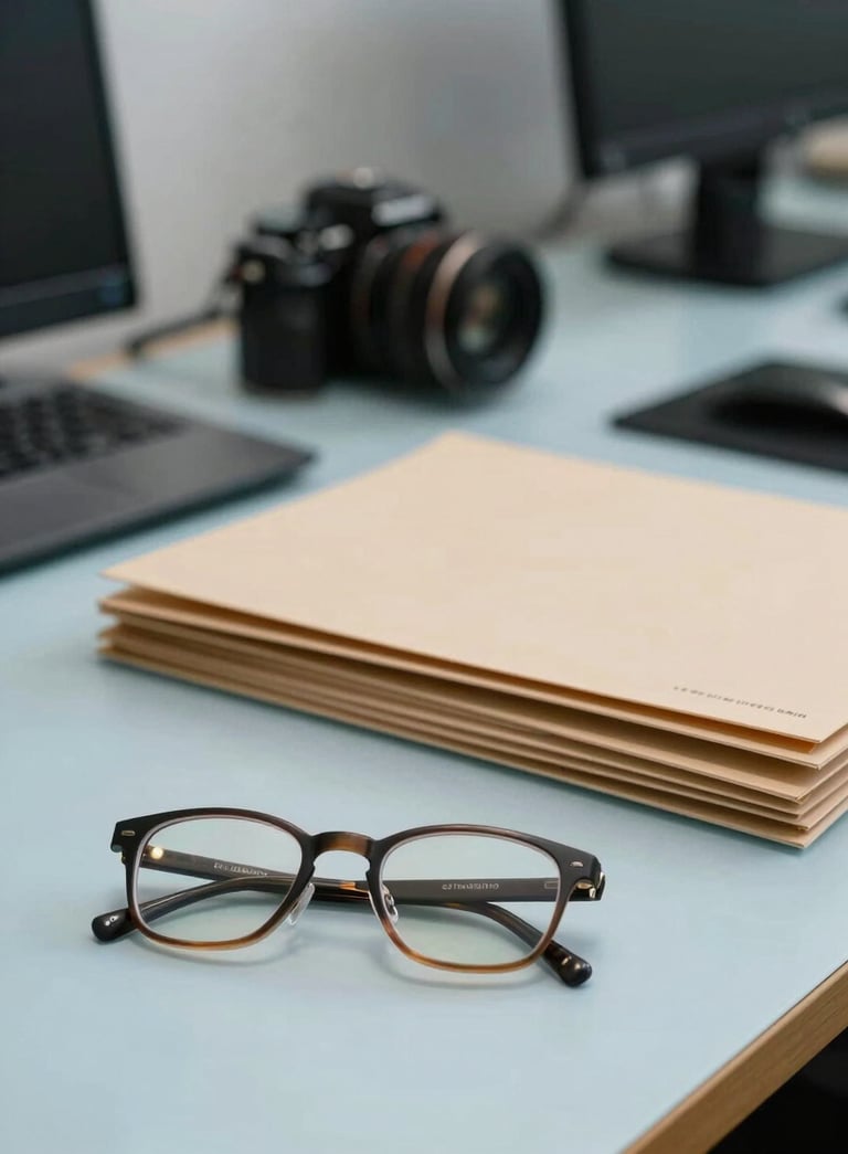 Photography of a professional workspace with a soft-focus background. In the foreground, a pair of glasses sits on a clean, light blue surface next to organized folders. The atmosphere is calm and professional, with a modern European business aesthetic.