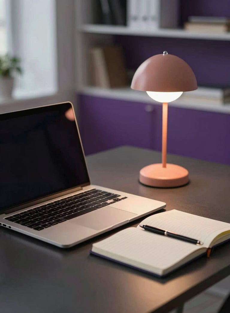 Professional high-end photography of a minimalist workspace in a US city. A sleek laptop and notebook sit on a dark desk with a small coral desk lamp providing warm light. The background is a soft-focus office with purple accents.