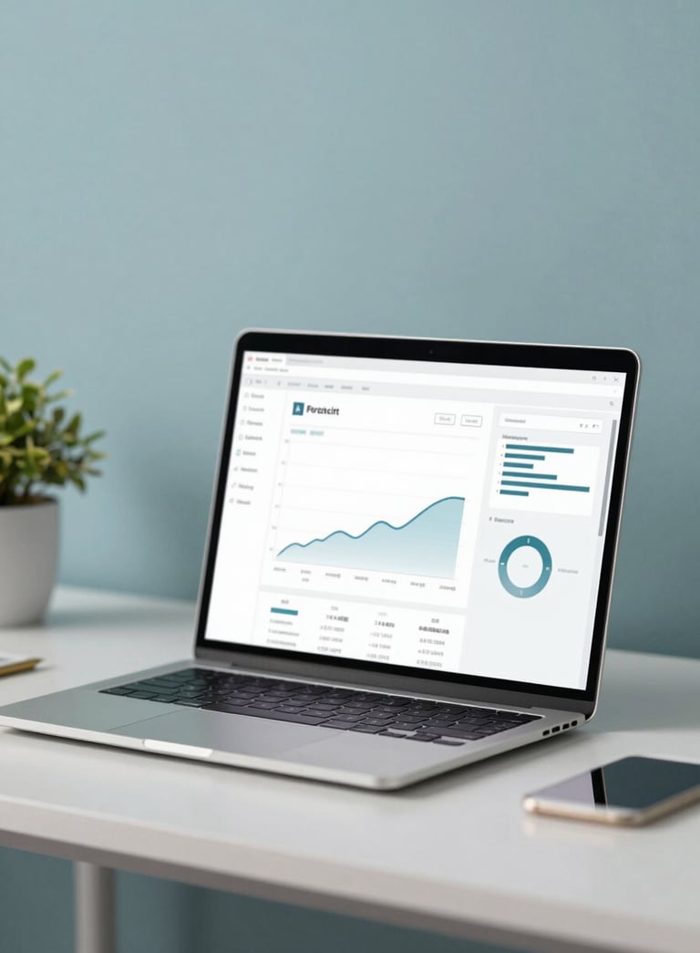 Minimalist and professional home office setup with a sleek laptop displaying a network analysis dashboard. Soft corporate lighting with a clean aesthetic featuring #F4F7F8 and #3E6B89 accents.