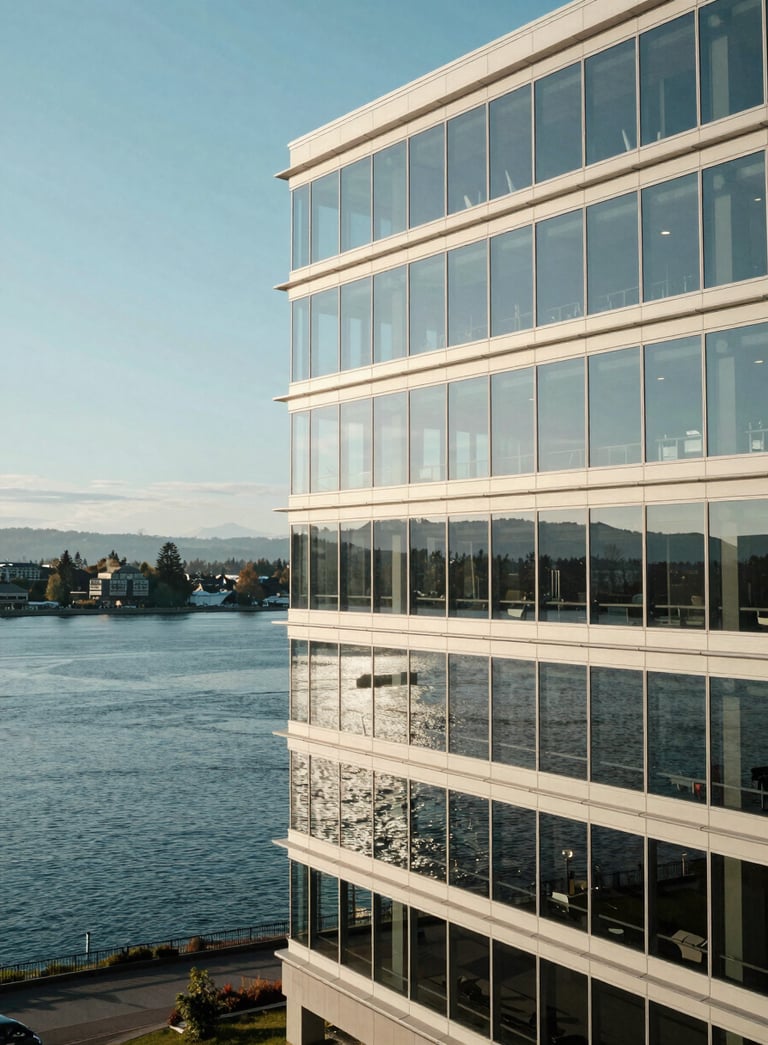 A panoramic photograph of a modern glass office building in Kirkland, Washington, reflecting a clear light blue sky and the calm waters of Lake Washington. The composition is wide and professional, conveying a sense of stability and North American corporate excellence. Palette tones are predominantly muted blue and off-white.
