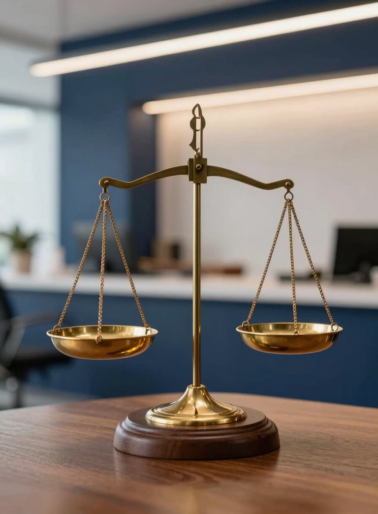 A professional composition featuring classic brass scales of justice on a wooden pedestal, set against a backdrop of a modern South American office with navy blue accents and warm lighting.