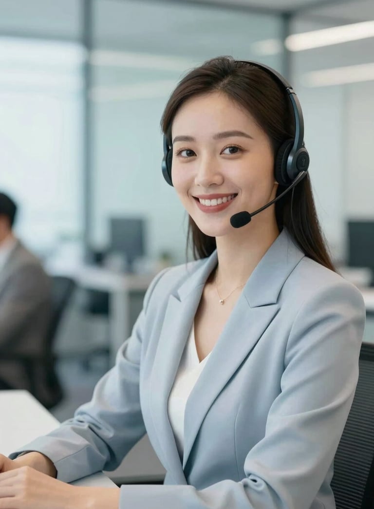 A professional woman wearing a modern headset, smiling confidently in a bright, modern corporate office. The background is softly blurred with hints of light blue (#7DA9CD) and white (#F0F5F8) glass partitions, emphasizing a clean and efficient workspace.
