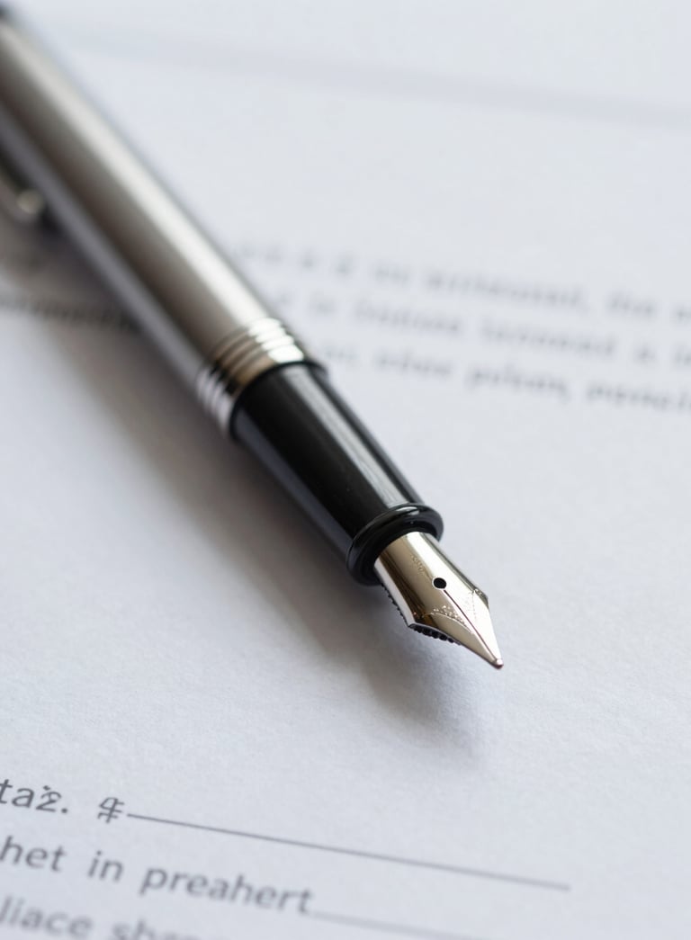 A close-up of a high-end fountain pen resting on a financial contract. The lighting is clean and bright, incorporating tones of #1A2C38 and #F8F8F4 for a professional financial aesthetic.